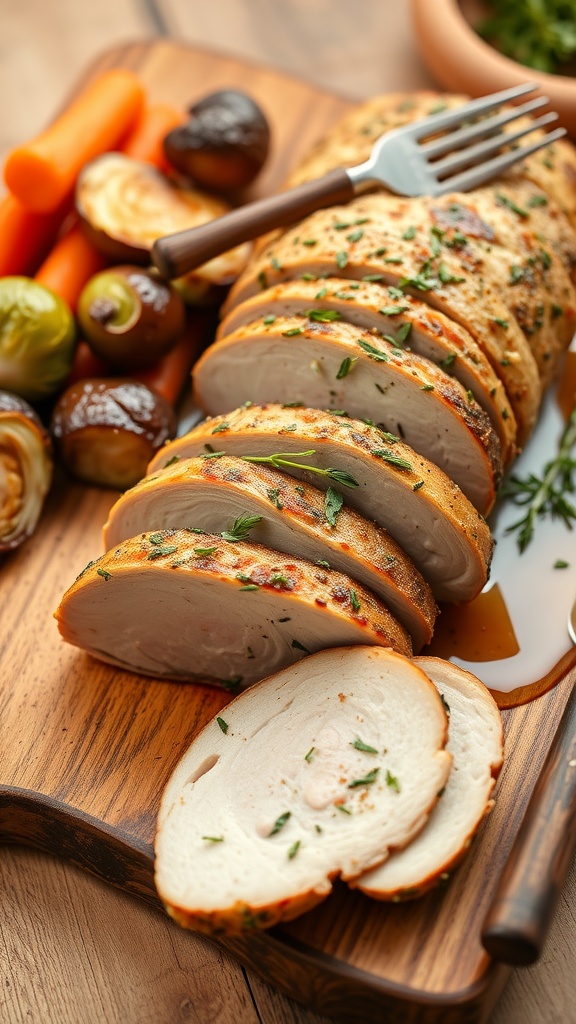 Sliced garlic herb pork tenderloin with roasted vegetables on a rustic wooden board.